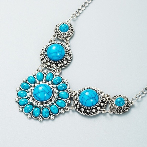 Silver and Blue Stone Floral Statement Necklace - Picture 2 of 5